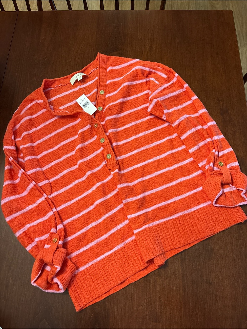 LOFT Orange and Pink Striped Henley Sweater